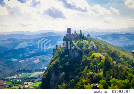 Watercolor drawing of Republic San Marino Seconda Torre La Cesta second fortress tower 85992294