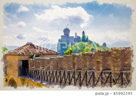 Watercolor drawing of Republic San Marino Seconda Torre La Cesta second fortress tower 85992295