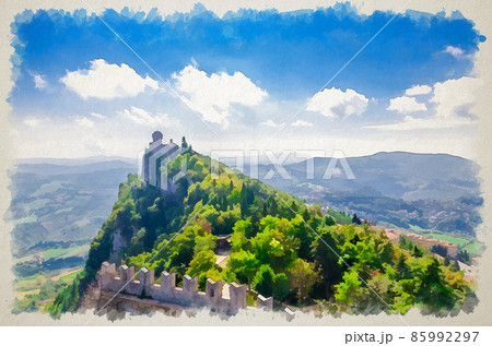 Watercolor drawing of Republic San Marino Seconda Torre La Cesta second fortress tower 85992297