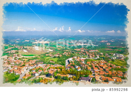 Watercolor drawing of Aerial top panoramic view of landscape with valley, green hills, fields and villages of Republic San Marino Watercolor drawing of Aerial top panoramic view of landscape with valley, green hills, fields and villages of Republic San Marino 85992298