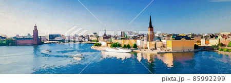 Watercolor drawing of Aerial panoramic view of Stockholm with Old town Gamla Stan 85992299