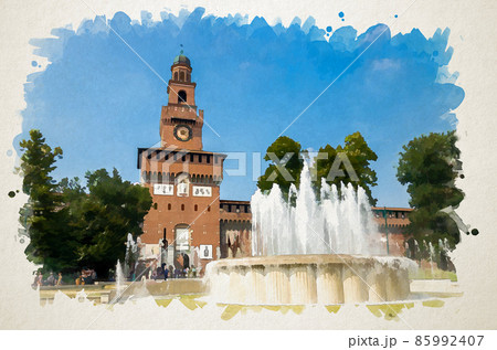 Watercolor drawing of Old medieval Sforza Castle Castello Sforzesco 85992407