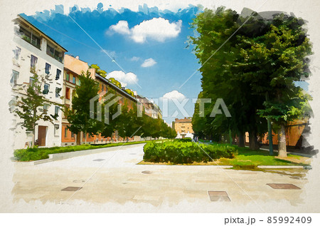 Watercolor drawing of Piazza Sant'Ambrogio square alley street with green trees 85992409