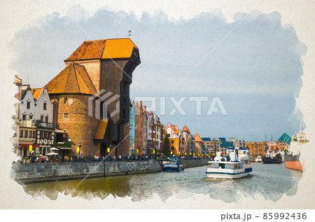 Watercolor drawing of Zuraw Crane and typical colorful houses buildings at Long Bridge embankment promenade and boats ships on Motlawa river 85992436