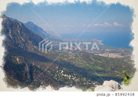 Watercolor drawing of View of Kyrenia Girne mountains from medieval Saint Hilarion Castle 85992438