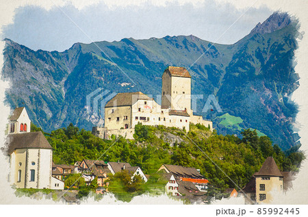 Watercolor drawing of Old castle in front of mountains Alps near Vaduz town 85992445