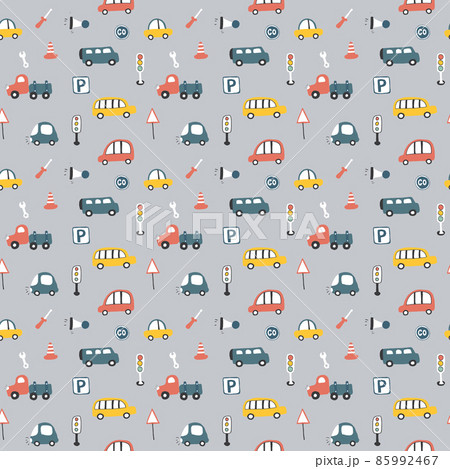 Cute Cars Seamless Pattern, Cartoon transportation Doodles Background, vector Illustration Cute Cars Seamless Pattern, Cartoon transportation Doodles Background, vector Illustration 85992467