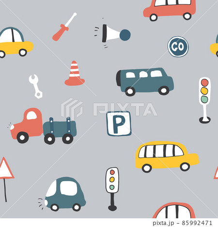 Cute Cars Seamless Pattern, Cartoon transportation Doodles Background, vector Illustration 85992471