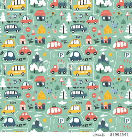 Cute Cars Seamless Pattern, Cartoon transportation Doodles Background, vector Illustration 85992545