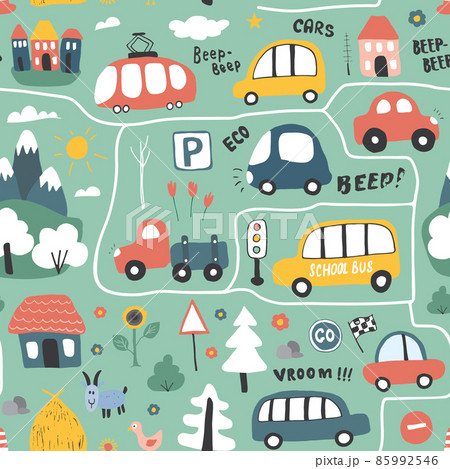 Cute Cars Seamless Pattern, Cartoon transportation Doodles Background, vector Illustration Cute Cars Seamless Pattern, Cartoon transportation Doodles Background, vector Illustration 85992546