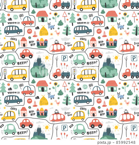 Cute Cars Seamless Pattern, Cartoon transportation Doodles Background, vector Illustration 85992548