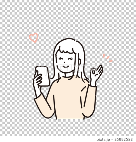 A simple vector illustration of a woman giving an OK sign to complete a reservation or application on her smartphone 85992588