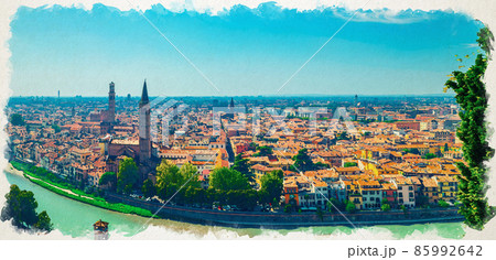 Watercolor drawing of Panorama of Verona historical city centre, bridges across Adige river 85992642