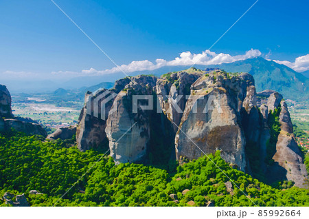 Watercolor drawing of Meteora Rocks with famous monasteries near Kalabaka 85992664