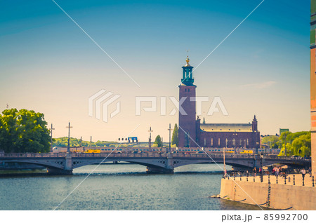 Watercolor drawing of Stockholm City Hall Stadshuset tower building of Municipal Council and venue of Nobel Prize on Kungsholmen Island 85992700