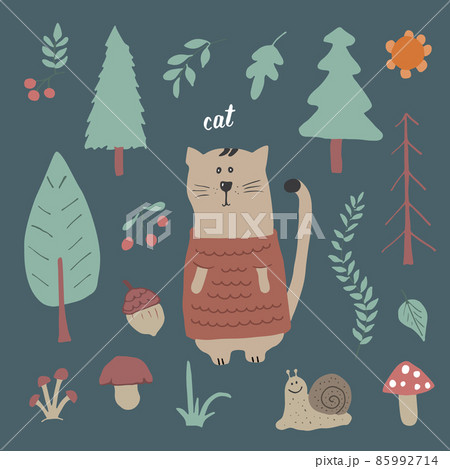Cute Cat in forest. Cartoon Animal in Woodland with trees and plants. Vector illustration 85992714