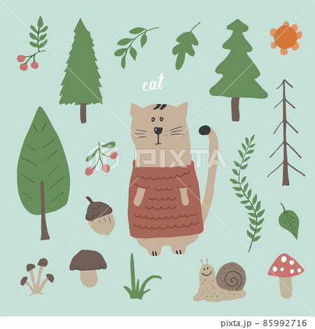 Cute Cat in forest. Cartoon Animal in Woodland with trees and plants. Vector illustration 85992716