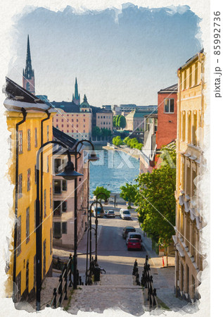Watercolor drawing of Narrow Street staircase down to Lake Malaren in Sodermalm island disrict with traditional typical buildings and view of Gamla Stan 85992736