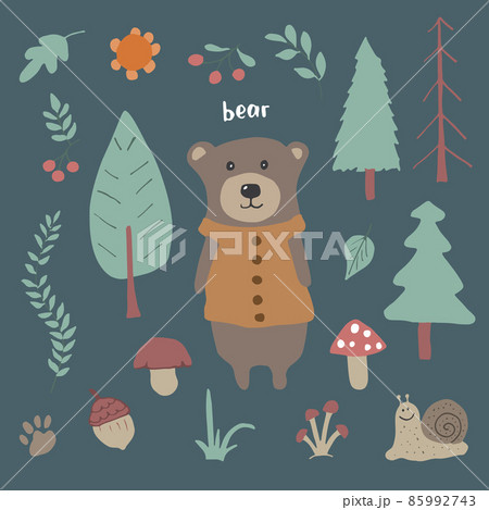 Cute Bear in forest. Cartoon Animal in Woodland with trees and plants. Vector illustration 85992743
