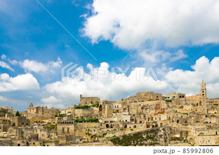 Watercolor drawing of Sassi di Matera panoramic view of historical centre Sasso Caveoso of old ancient town with rock cave houses 85992806
