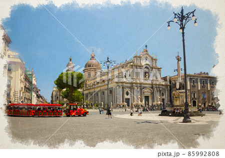 Watercolor drawing of Elephant Statue fountain, Cathedral of Santa Agatha, touristic red train and walking people on Piazza del Duomo square in Catania city 85992808