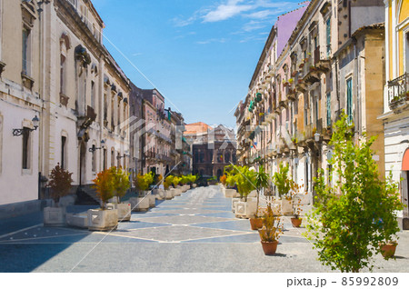 Watercolor drawing of Via Teatro Massimo street with green plants trees leads to Massimo Bellini Opera House in Catania Watercolor drawing of Via Teatro Massimo street with green plants trees leads to Massimo Bellini Opera House in Catania 85992809
