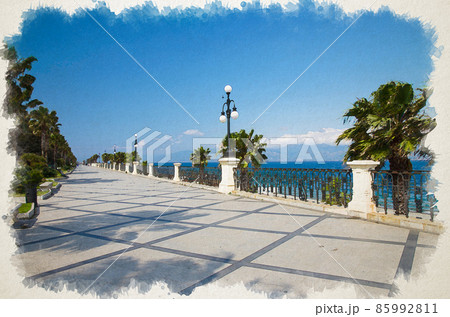 Watercolor drawing of Reggio di Calabria quay waterfront promenade Lungomare Falcomata with Strait of Messina connected Mediterranean and Tyrrhenian sea Watercolor drawing of Reggio di Calabria quay waterfront promenade Lungomare Falcomata with Strait of Messina connected Mediterranean and Tyrrhenian sea 85992811