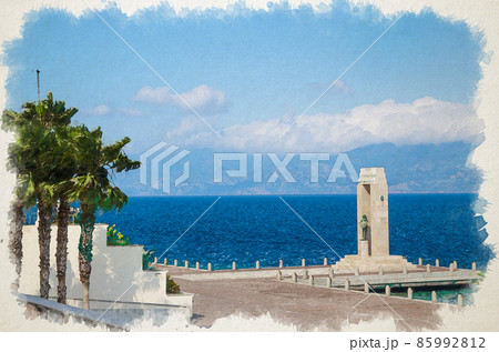 Watercolor drawing of Athena goddess Statue Monument Vittorio Emmanuele on Arena dello Stretto near promenade Lungomare Falcomata with Strait of Messina and Sicilia island 85992812