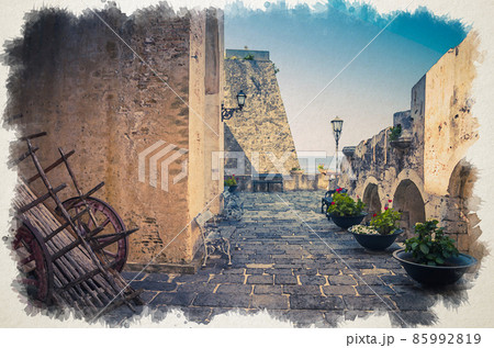 Watercolor drawing of Courtyard old medieval knight castle on rock Castello Ruffo with stone ancient walls, street lamps, vases with flowers and cart wagon wheel, Scilla Watercolor drawing of Courtyard old medieval knight castle on rock Castello Ruffo with stone ancient walls, street lamps, vases with flowers and cart wagon wheel, Scilla 85992819