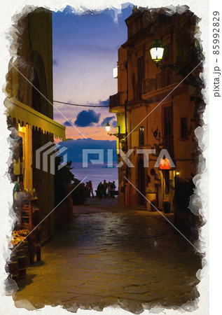 Watercolor drawing of Night evening streets with bright lanterns lamps on buildings with balconies, silhouette of people and colorful sky with clouds, Tropea town Watercolor drawing of Night evening streets with bright lanterns lamps on buildings with balconies, silhouette of people and colorful sky with clouds, Tropea town 85992829