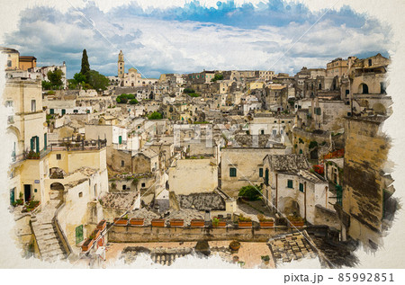 Watercolor drawing of Matera panoramic view of historical centre Sasso Barisano of old ancient town Sassi di Matera with rock cave houses 85992851