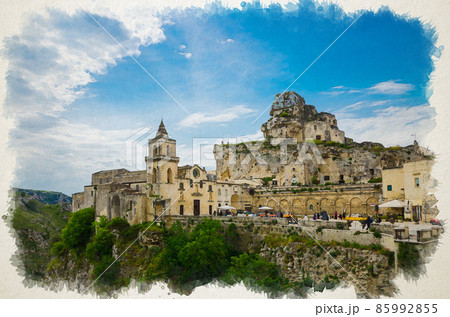 Watercolor drawing of Church Chiesa San Pietro Caveoso and rock church Santa Maria De Idris near canyon in historical centre old ancient town Sassi di Matera 85992855