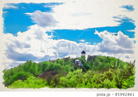Watercolor drawing of Diana Observation Tower Rozhledna Diana and funicular on hill above Slavkov Forest with green trees and Karlovy Vary 85992861