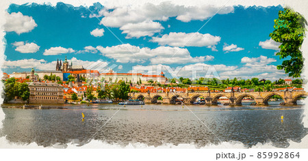 Watercolor drawing of Panorama of Prague city historical centre with Prague Castle, St. Vitus Cathedral in Hradcany district, Charles Bridge 85992864