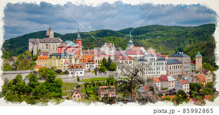 Watercolor drawing of Aerial panoramic view of medieval Loket town with Loket Castle Hrad Loket gothic style on massive rock Watercolor drawing of Aerial panoramic view of medieval Loket town with Loket Castle Hrad Loket gothic style on massive rock 85992865