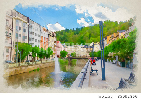 Watercolor drawing of Karlovy Vary: Karlsbad historical city centre, Tepla river central embankment, colorful beautiful buildings 85992866