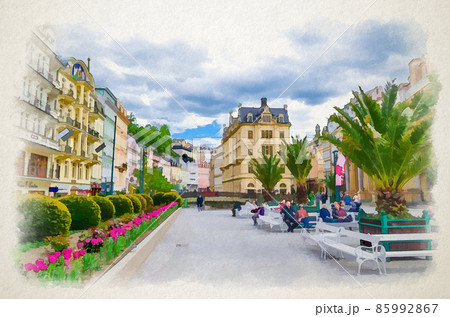 Watercolor drawing of Karlovy Vary: people are walking down street and Tepla river embankment in Karlsbad historical city centre Watercolor drawing of Karlovy Vary: people are walking down street and Tepla river embankment in Karlsbad historical city centre 85992867