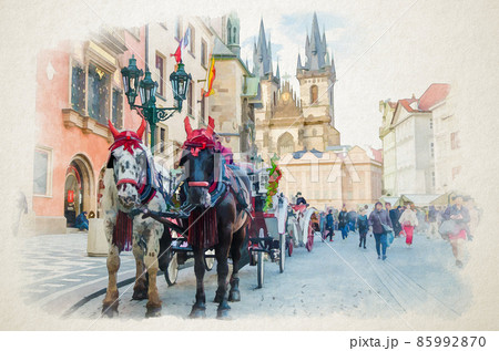 Watercolor drawing of Horse Carriage Coach for tourists entertainment in Prague Old Town Square 85992870