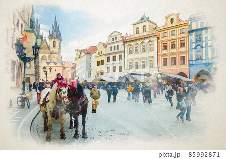 Watercolor drawing of Horse Carriage Coach for tourists entertainment in Prague Old Town Square 85992871