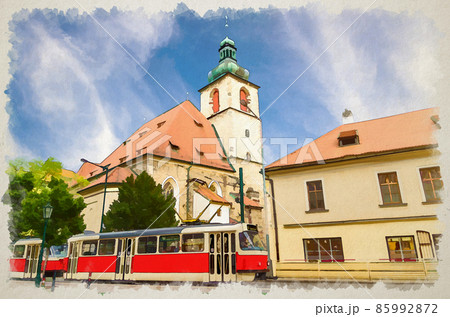 Watercolor drawing of Catholic Church of St Henry and St Kunhuta Kostel and Typical old retro vintage tram on tracks in New Town Prague 85992872