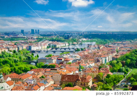 Watercolor drawing of Top aerial panoramic view of Prague historical city centre with red tiled roof buildings in Mala Strana 85992873