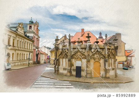 Watercolor drawing of Stone Fountain in Kutna Hora historical Town Centre with cobblestone road, old style buildings Watercolor drawing of Stone Fountain in Kutna Hora historical Town Centre with cobblestone road, old style buildings 85992889