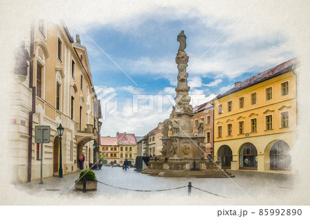 Watercolor drawing of The Plague Column Morovy sloup or Column of the Virgin Mary Immaculate baroque style column in Kutna Hora 85992890