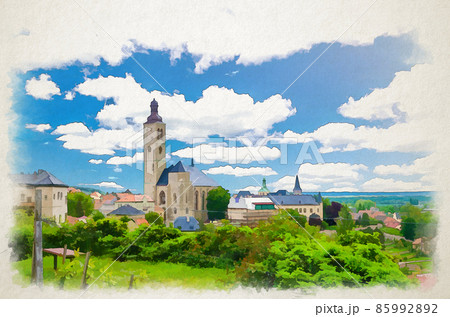 Watercolor drawing of The Church of St James catholic church building with clock tower in Kutna Hora historical Town Centre Watercolor drawing of The Church of St James catholic church building with clock tower in Kutna Hora historical Town Centre 85992892