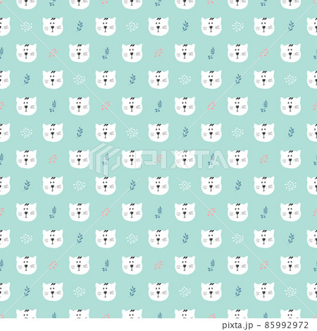 Cute Cat Seamless pattern. Cartoon Animals in forest background. Vector illustration 85992972