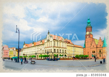 Watercolor drawing of Old Town Hall and New City Hall building, row of colorful traditional buildings with facades on Rynek Market Square 85993048