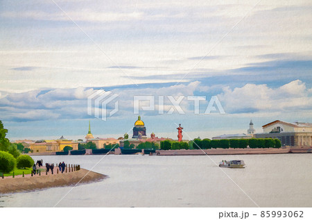 Watercolor drawing of Cityscape of Saint Petersburg Leningrad city, Palace Bridge bascule Neva river, Saint Isaac's Cathedral 85993062