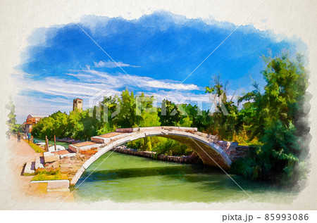 Watercolor drawing of Stone Devil bridge across water canal on Torcello island, embankment promenade along water canal, green trees and blue sky Watercolor drawing of Stone Devil bridge across water canal on Torcello island, embankment promenade along water canal, green trees and blue sky 85993086