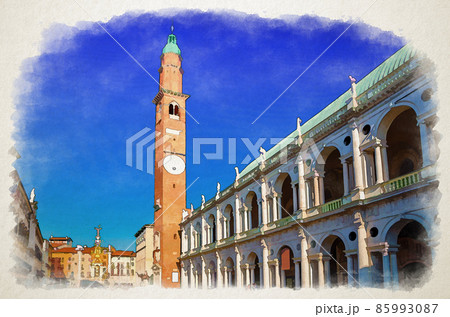Watercolor drawing of Basilica Palladiana renaissance building, Torre Bissara clock tower and Loggia del Capitaniato Lodge in Piazza dei Signori square 85993087