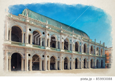 Watercolor drawing of Basilica Palladiana renaissance building with balconies and columns in Piazza dei Signori square in old historical city centre of Vicenza city 85993088